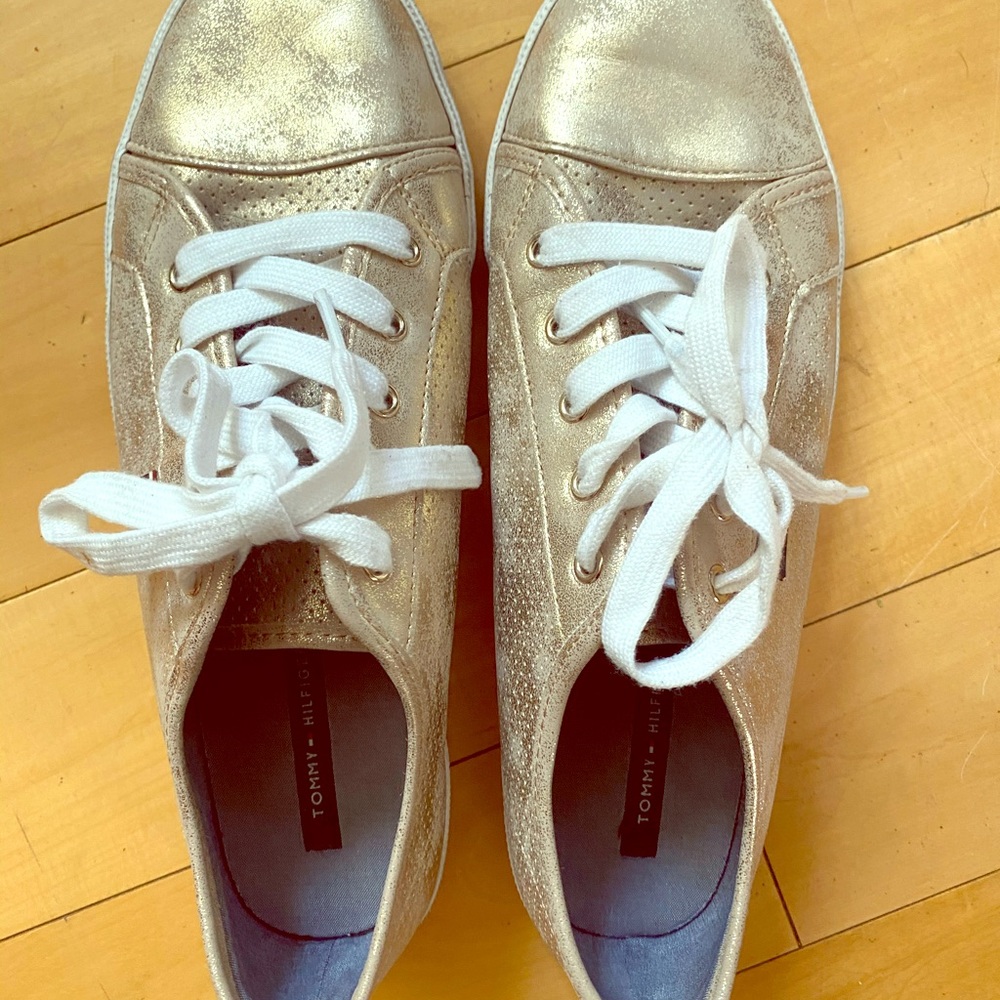 “Tommy Hilfiger” metallic gold sneakers size 10.